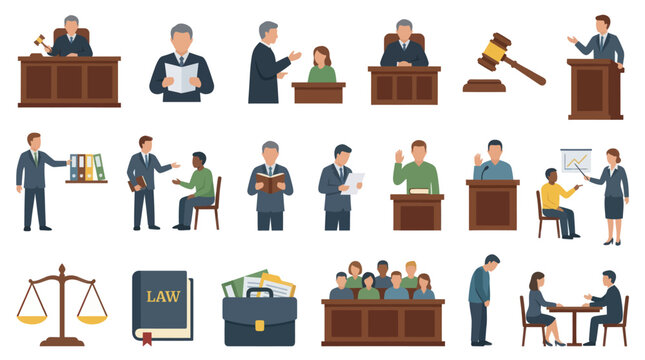 Law and Justice Flat Vector Illustration Icon Set: Legal Professionals, Courtroom, Lawyer, Judge