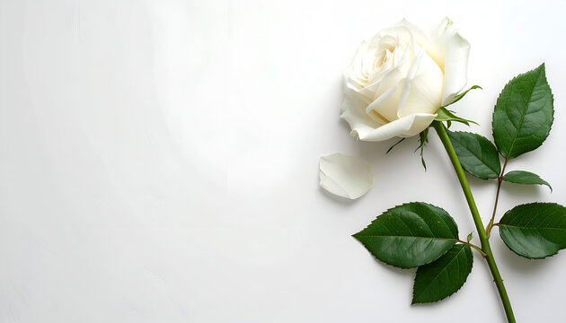 A pristine white rose rests elegantly on a textured white surface, showcasing its delicate beauty.