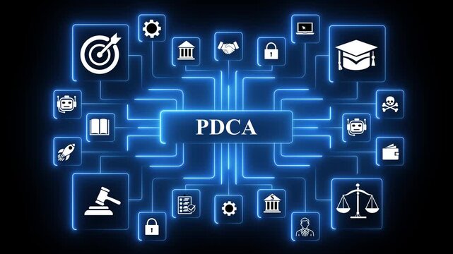 PDCA cycle network animation with connected technology icons, glowing data nodes and continuous improvement process,4K Black baground,and 4k animation,.