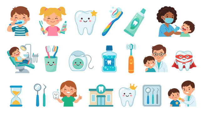 Cute Dental Hygiene Icons for Kids: Toothbrush, Toothpaste, Dentist, Tooth