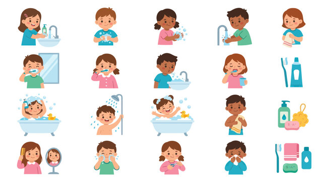 Children Hygiene Illustrations: Washing Hands, Brushing Teeth, Bathing, Showering, Drying