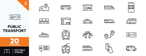 A collection of twenty minimalist line icons representing public transportation and travel themes including bus, train, tram, airplane ticket, ferry, subway station, and mobile booking app. © Deezora