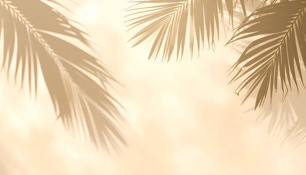 Soft, golden light filters through palm fronds, casting intricate shadows on a textured surface, creating a serene and tropical atmosphere.