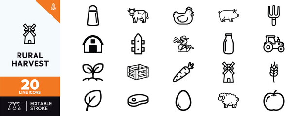 Comprehensive collection of twenty modern line icons depicting rural harvest activities including farming animals equipment barns and fresh organic agricultural produce symbols. © Deezora