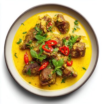 Gulai kambing with tender lamb chunks yellow coconut gravy isolated on a white background