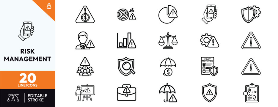 Comprehensive set of 20 thin line risk management icons for business security and financial planning. Includes symbols for warning alerts, insurance protection, compliance, and crisis assessment.