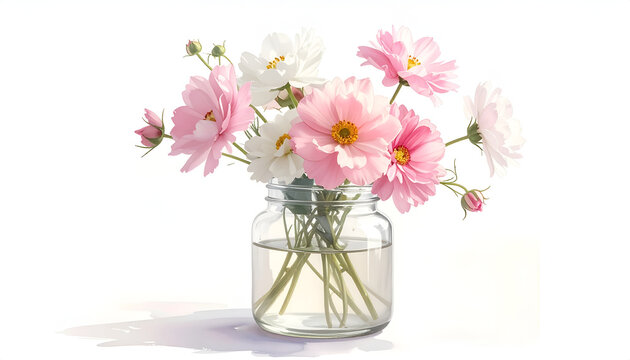 A delicate arrangement of pink and white cosmos flowers gracefully blooms in a clear glass jar, presented against a clean white background, evoking a sense of tranquility and natural beauty.