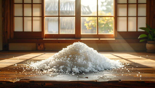 A glistening pile of coarse salt sits illuminated by warm sunlight streaming through a window.