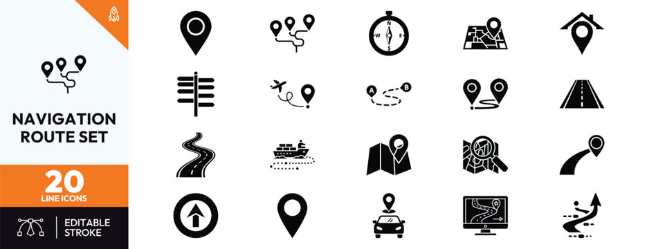 Navigation and Route Icon Set featuring Map Pins GPS Location Markers Destination Waypoints Road Pathways Travel Directions Logistics Transportation Symbols and Global Positioning Tools.