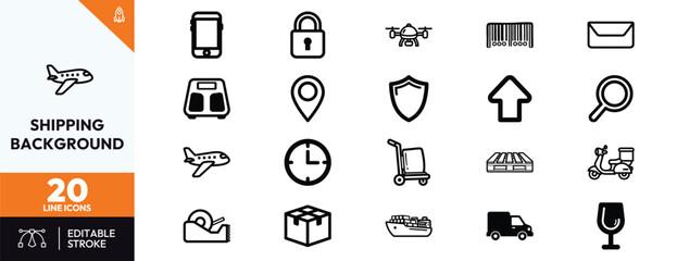Naklejka premium Comprehensive collection of shipping and logistics line icons featuring delivery truck cargo ship airplane drone barcode and packaging symbols for ecommerce business transportation