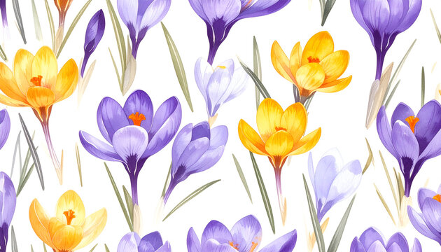 A vibrant watercolor illustration showcases a dense arrangement of yellow and purple crocus flowers interspersed with slender green stems against a clean white background, 