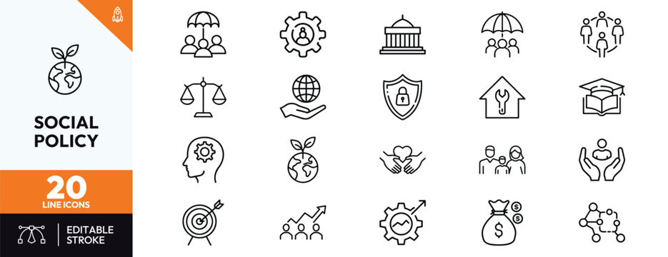 Social Policy Line Icons Collection for Government Welfare Public Services Human Rights Education Environmental Protection and Social Justice Outline Symbols for Web and Mobile Apps