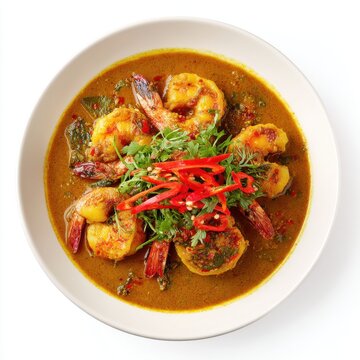 Gulai udang with succulent prawns in rich spicy coconut gravy isolated on a white background