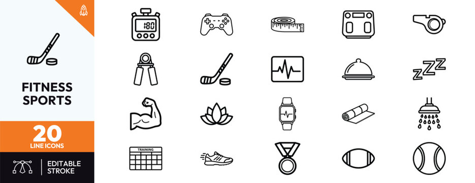 Comprehensive collection of 20 minimalist line icons representing fitness and sports activities including gym equipment yoga health tracking and athletic competition symbols for web design.