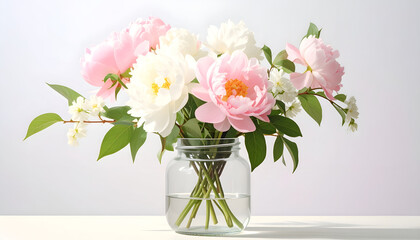 Fototapeta premium A delicate arrangement of pink and white peonies blossoms in a clear glass jar.