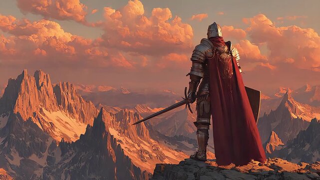 A solitary knight in shining armor stands poised overlooking a dramatic mountain range, conveying strength, determination, and a sense of hopeful ambi