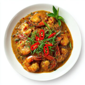 Gulai udang with prawns thick coconut curry fresh herbs isolated on a white background