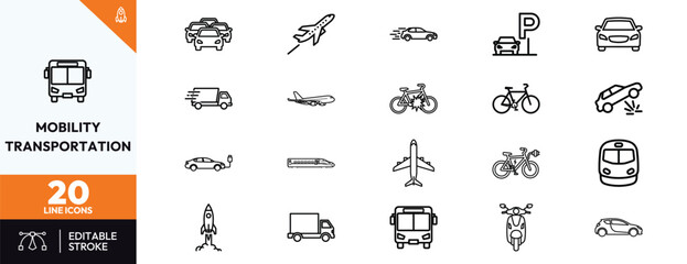 Mobility and transportation line icons set featuring various vehicles including cars, buses, trains, airplanes, electric bikes, rockets, and delivery trucks for urban transit and logistics. © Deezora