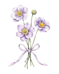 Obraz premium Hand drawn of a bouquet of three light purple anemone flowers tied with a matching ribbon on a white background