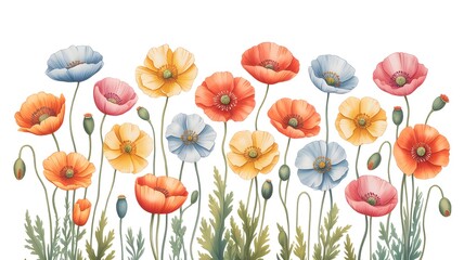 Fototapeta premium Field of colorful poppies in shades of orange yellow pink and blue on a white background