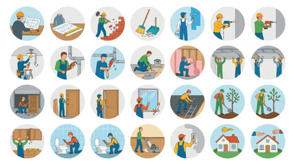Obraz premium Collection of Flat Vector Icons Featuring Construction and Home Renovation Workers