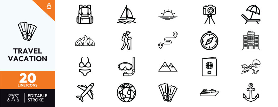 Collection of travel and vacation line icons for adventure, transportation, beach, and camping. Minimalist stroke symbols for summer holidays, tourism, and diverse outdoor leisure activities design.
