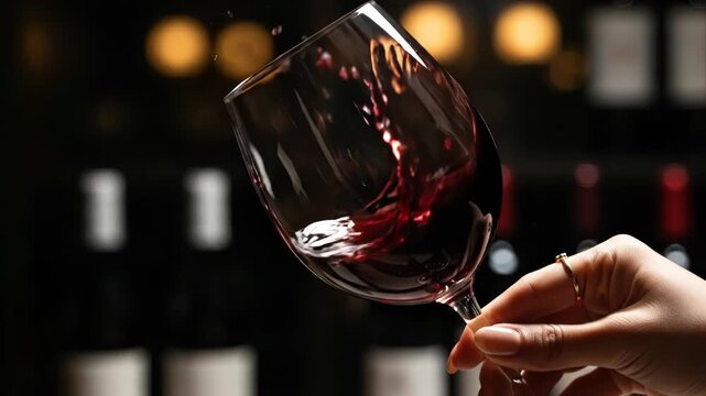 Close-up of red wine splashing in a glass with bokeh background.