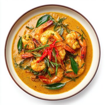 Gulai udang with prawns thick coconut curry fresh herbs isolated on a white background