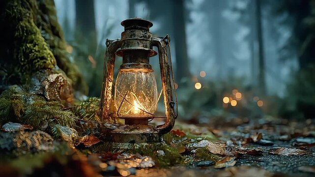 A vintage lantern glows warmly in a serene, misty forest setting. Evokes feelings of hope, guidance, and exploration, ideal for travel blogs and natur