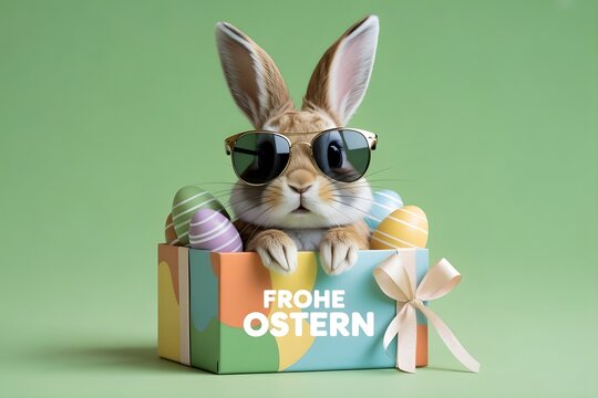 Cute cartoon bunny with a pink gift box illustration featuring a happy Easter hare in a vector art design for a holiday celebration card