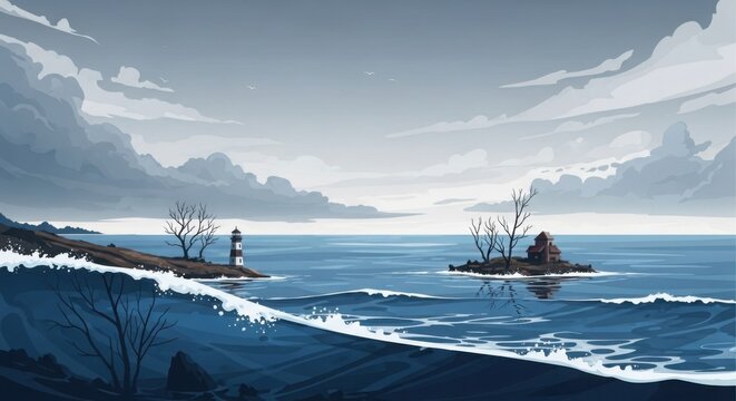 Serene winter lakeside with snow-covered lighthouse and misty mountains