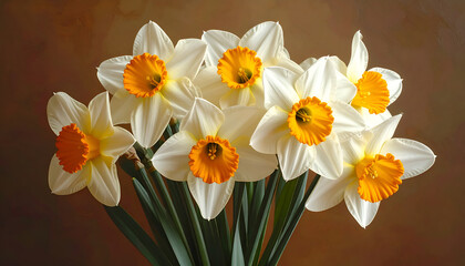 Obraz premium A vibrant bouquet of white and yellow daffodils stands elegantly against a warm, blurred brown background, showcasing the beauty of springtime blossoms.