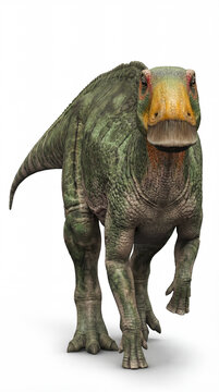 Edmontosaurus annectens walking toward camera isolated on white background, detailed reconstruction showing forward movement, balance and natural hadrosaur anatomy.
