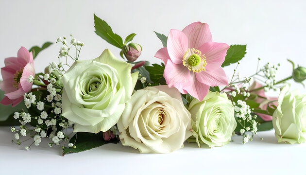 A delicate floral arrangement featuring roses and hellebores in soft pastel hues is presented against a clean white background, evoking a sense of tranquility and natural beauty.