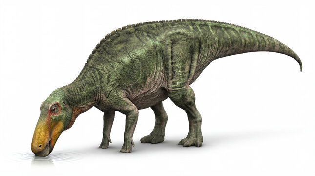 Edmontosaurus annectens drinking at riverbank isolated on white background, detailed reconstruction showing hydration behavior and natural hadrosaur posture.
