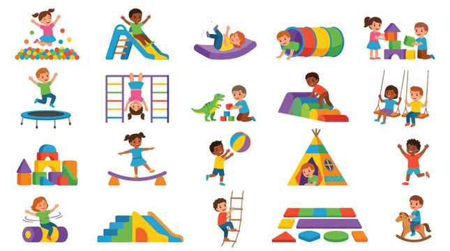 Flat Cartoon Kids Playing Activities, Childhood Fun on Playground and Playroom Equipment Vector
