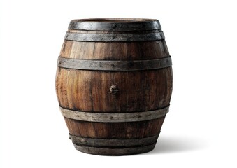 Fototapeta premium Aged wooden barrel with metal bands, isolated on white
