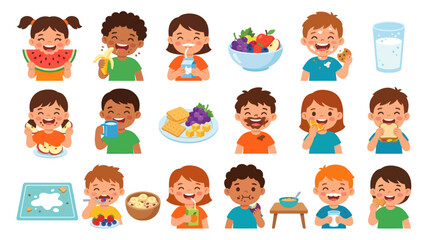 Fototapeta premium Happy Kids Eating Healthy Unhealthy Foods Flat Vector Illustration Set