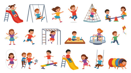 Fototapeta premium Happy Kids Playing on Playground Equipment and Activities Flat Vector Illustration