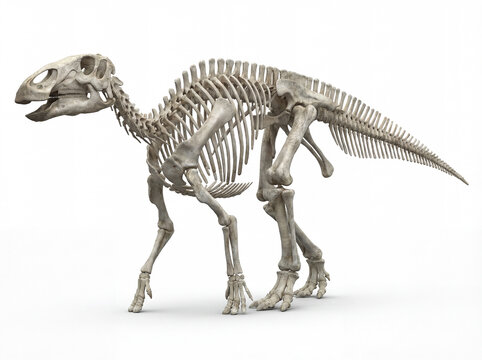Edmontosaurus annectens full skeleton in lateral view isolated on white background, detailed scientific reconstruction showing complete bone structure and hadrosaur anatomy.
