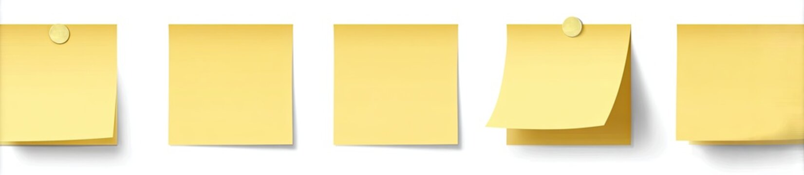 Five yellow sticky notes on white surface, some with tacks and curled edges