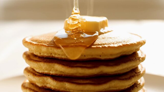 A tall stack of golden-brown pancakes is topped with a pat of butter and drizzled with syrup.