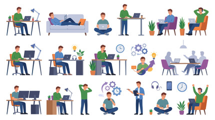 Fototapeta premium Flat Design People Working on Computers, Remote Work, Freelance Business Collaboration