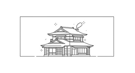 Naklejka premium Minimalist Japanese House Outline Drawing with Smoke from Chimney
