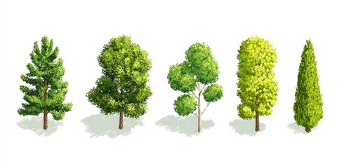 Fototapeta premium A row of five stylized trees in varying shapes, textures, and shades of green