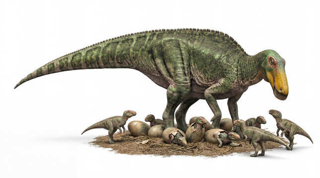 Edmontosaurus annectens nest with hatchlings isolated on white background, detailed prehistoric scene showing newborn dinosaurs and early life stage behavior.

