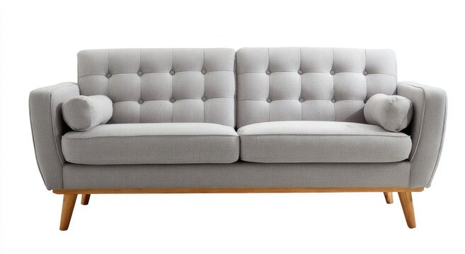 Light gray tufted sofa with button accents and tapered wooden legs