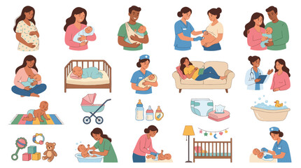 Fototapeta premium Parenthood Newborn Care Flat Vector Illustrations Set: Pregnancy, Babies, Parents, Doctors