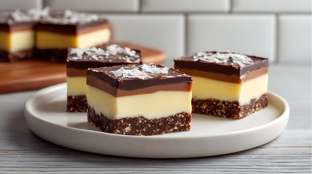Nanaimo Bars, no-bake British Columbia dessert, three square bars with distinct layers on white ceramic plate, dark brown Graham cracker and toasted coconut base