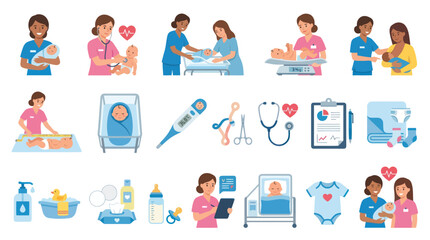 Fototapeta premium Newborn Care Flat Vector Illustrations: Nurses, Babies, Pediatric Medical Equipment